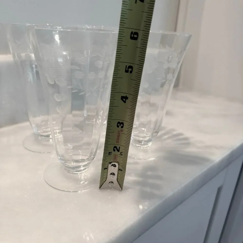 Lot of 4 Antique Clear Etched Flower Design Footed Crystal Pilsner Beer Glasses
